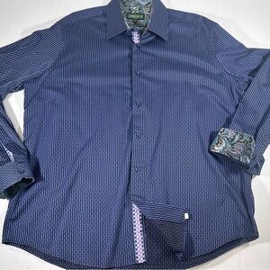 Inserch Icon Navy Blue Geometric Button Down Shirt Paisley Contrast Cuffs